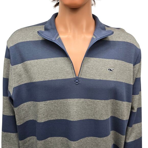 VINEYARD VINES Saltwater 1/4 Quarter Zip Sweater Men L Blue Gray Striped Cotton - Picture 2 of 11